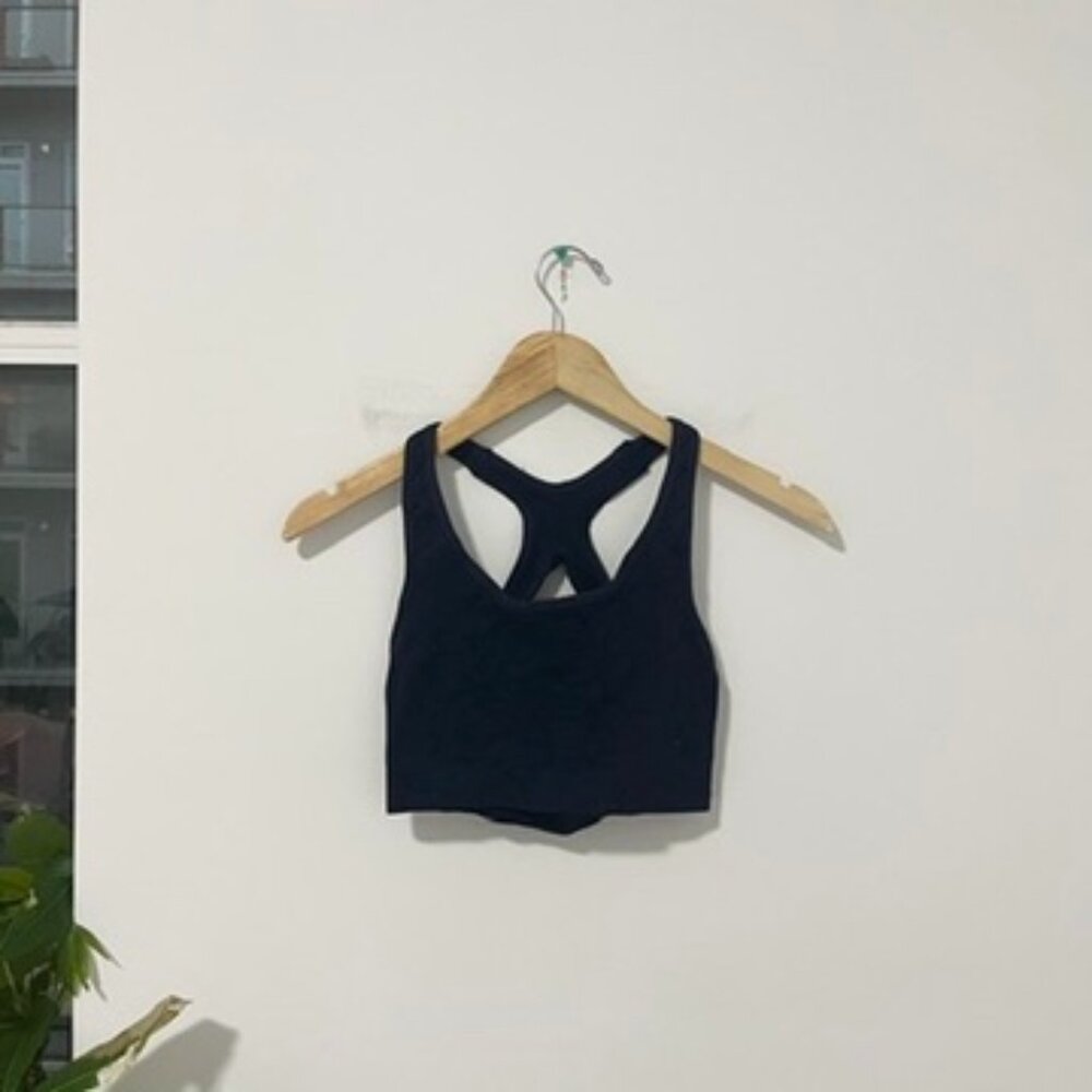 Women's Dark Blue Crackle Print Ribbed Sports Bra